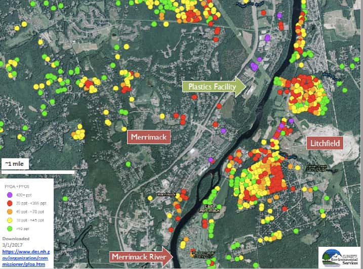 Map of PFOA contamination in Merrimack, NH