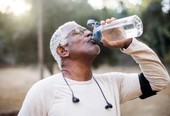 Older man drinking water outdoors, representing clean drinking water and home water quality in New Hampshire