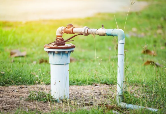 Private well head and water pipe in a yard representing residential well water systems in New Hampshire