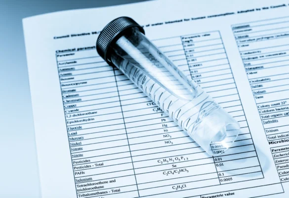 Water sample tube on water quality test report for drinking water analysis