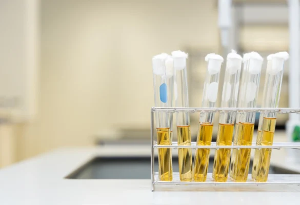 Laboratory test tubes containing water samples used to test for coliform bacteria and E. coli in well water