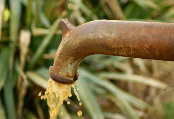 Rusty outdoor water pipe releasing discolored water, illustrating signs of contaminated well water in New Hampshire