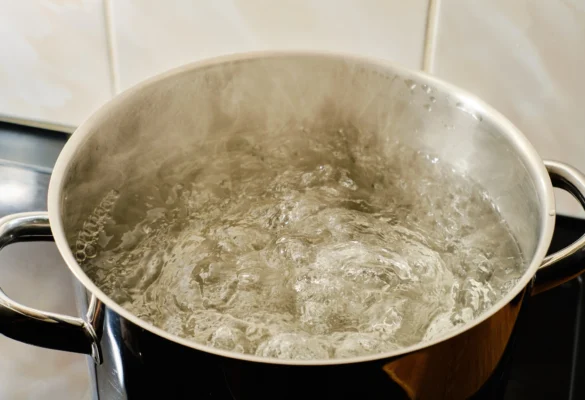 Pot of boiling water on a stove used to illustrate the myth that boiling water removes all contaminants