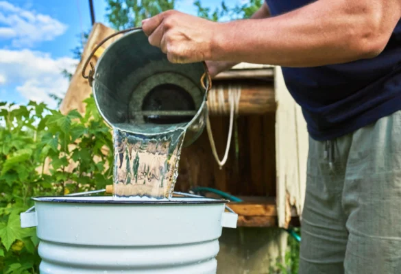 Person pouring well water from a metal bucket into a basin outdoors, illustrating summer well water safety and bacteria risks in New Hampshire