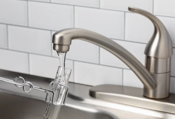 Collecting a water sample from a kitchen faucet for well water testing during a New Hampshire home inspection